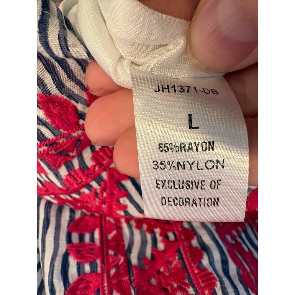 THML Anthropologie Stripe Embroidered Shift Dress Pink Navy Flutter Sleeve Large - Picture 6 of 6